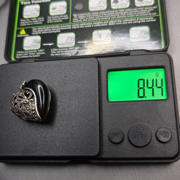 VTG FAS Sterling Silver Marcasite Onyx Heart Locket Pendant 1" Cutouts Signed - Picture 13 of 13